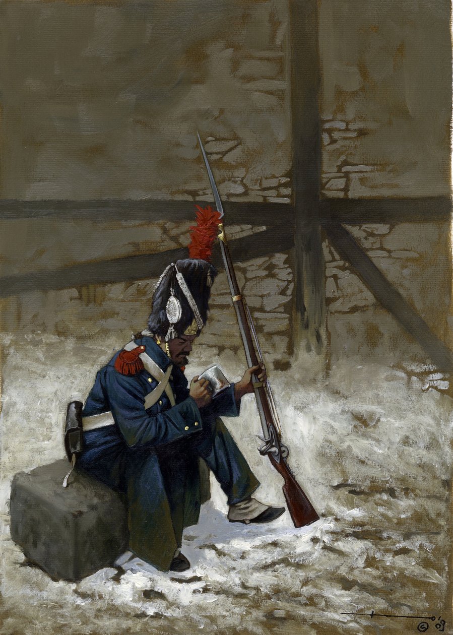 First Empire: Guard grenadier in a coat sitting in the snow by Alessandro Lonati