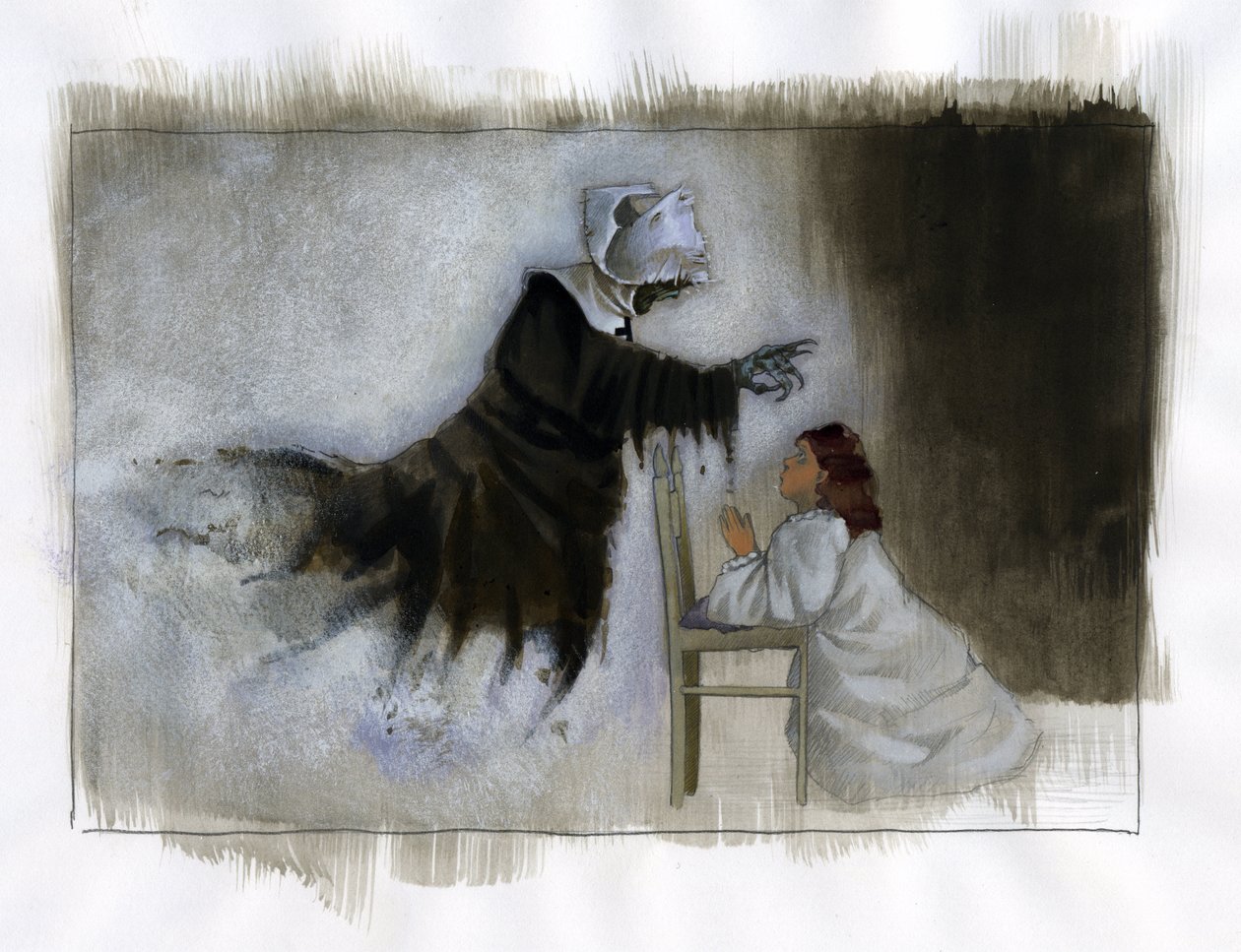 Ghost of an elderly nun with crooked hands appears to a little girl praying by Alessandro Lonati