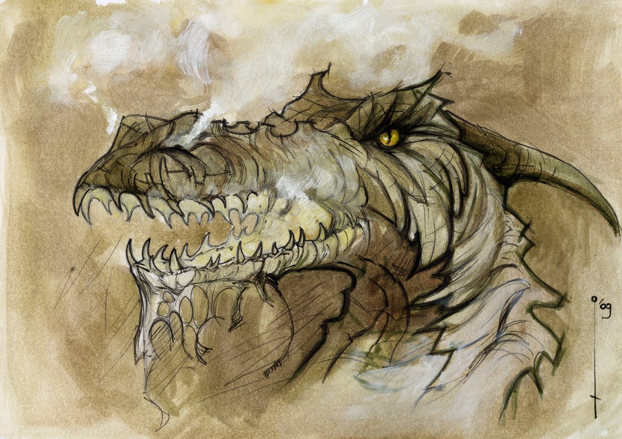 Illustration of a fantastic and legendary animal: dragon head rejecting smoke through the muzzle by Alessandro Lonati