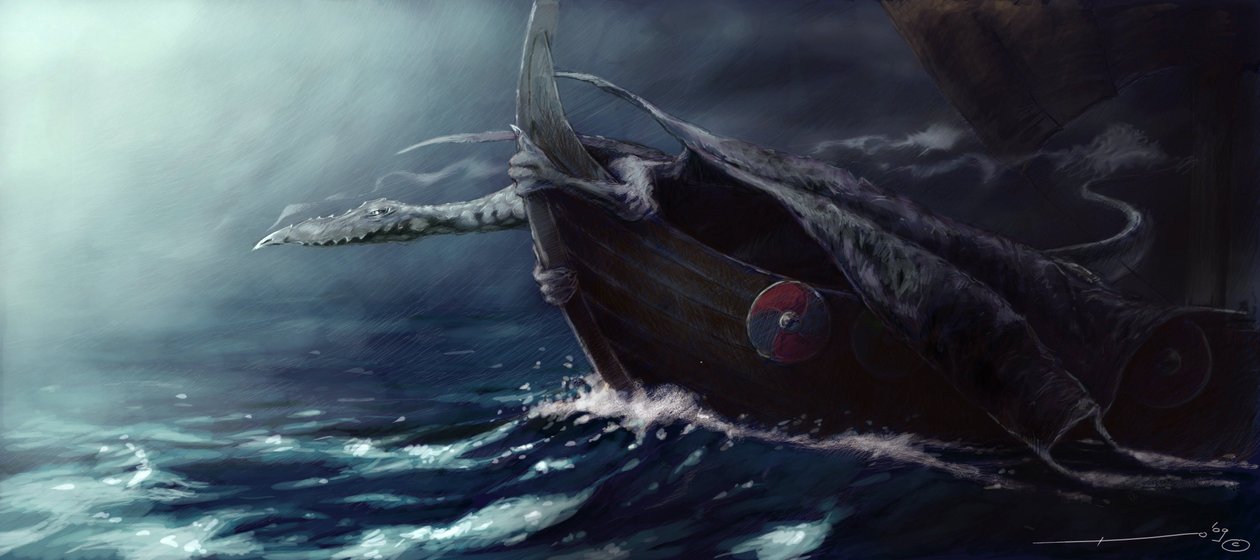 Legendary Creature: Dragon Attacking a Drakkar (Viking Boat) by Alessandro Lonati