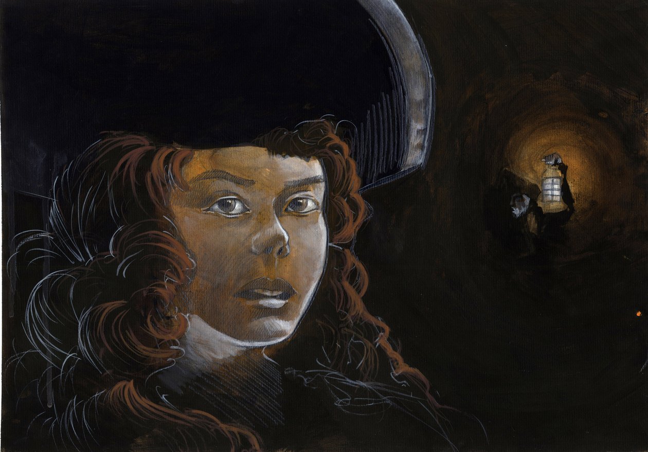 Portrait of a pirate woman (privateer) or sailor in the night, illuminated by another pirate