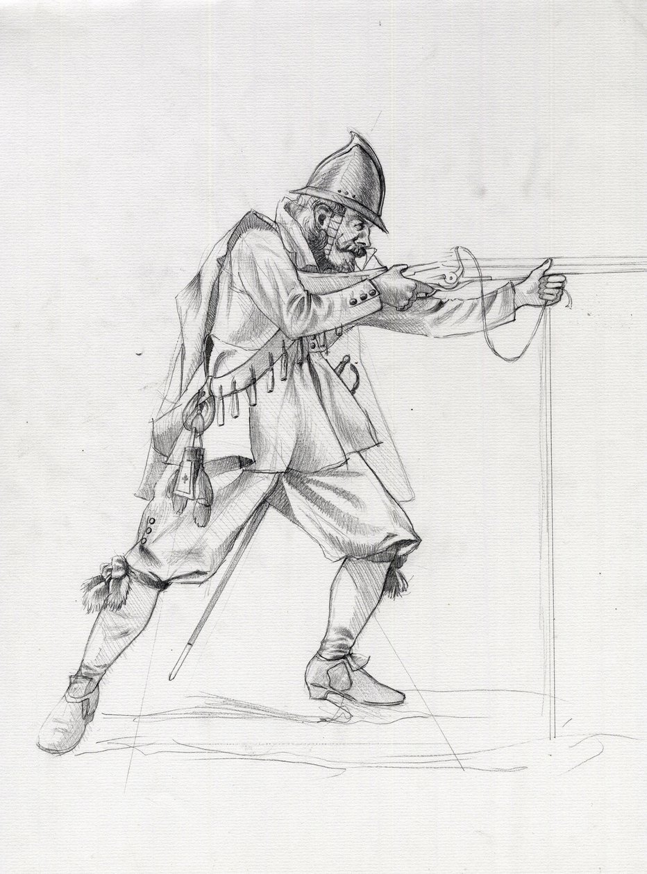 Portrait of a vessel soldier of the 17th century putting himself in a firing position by Alessandro Lonati