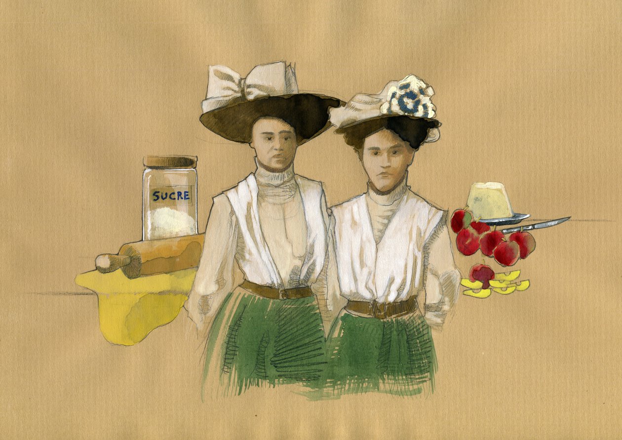 Portrait of the sisters Stephanie (1838-1917) and Caroline Tatin (1847-1911) who invent the dessert francais tatin a de Lamotte-Beuvron en Sologne by Alessandro Lonati