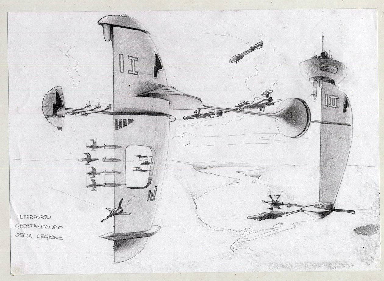 Science fiction illustration: space base in the universe with ships by Alessandro Lonati
