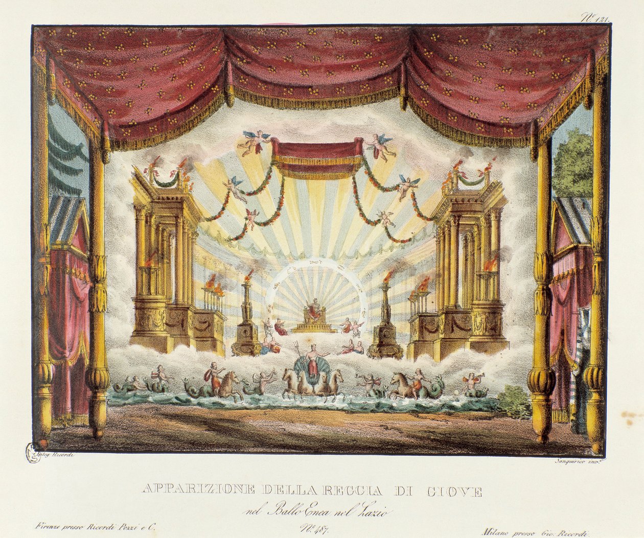 Appearance of the Kingdom of Jupiter. Scenography for the representation of the opera drama “Enea nel Lazio” (1799) by Giuseppe Sarti. Lithography in “Raccolta di invenzioni sceniche del 1830 di Alessandro Sanquirico (1777-1849)” by Alessandro Sanquirico