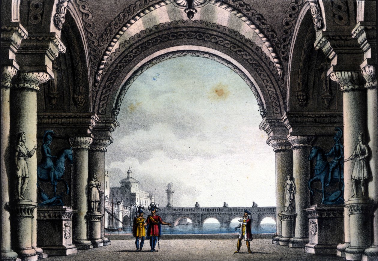 Scenography of Sanquirico for the opera “Bianca e Fernando” by Vincenzo Bellini by Alessandro Sanquirico