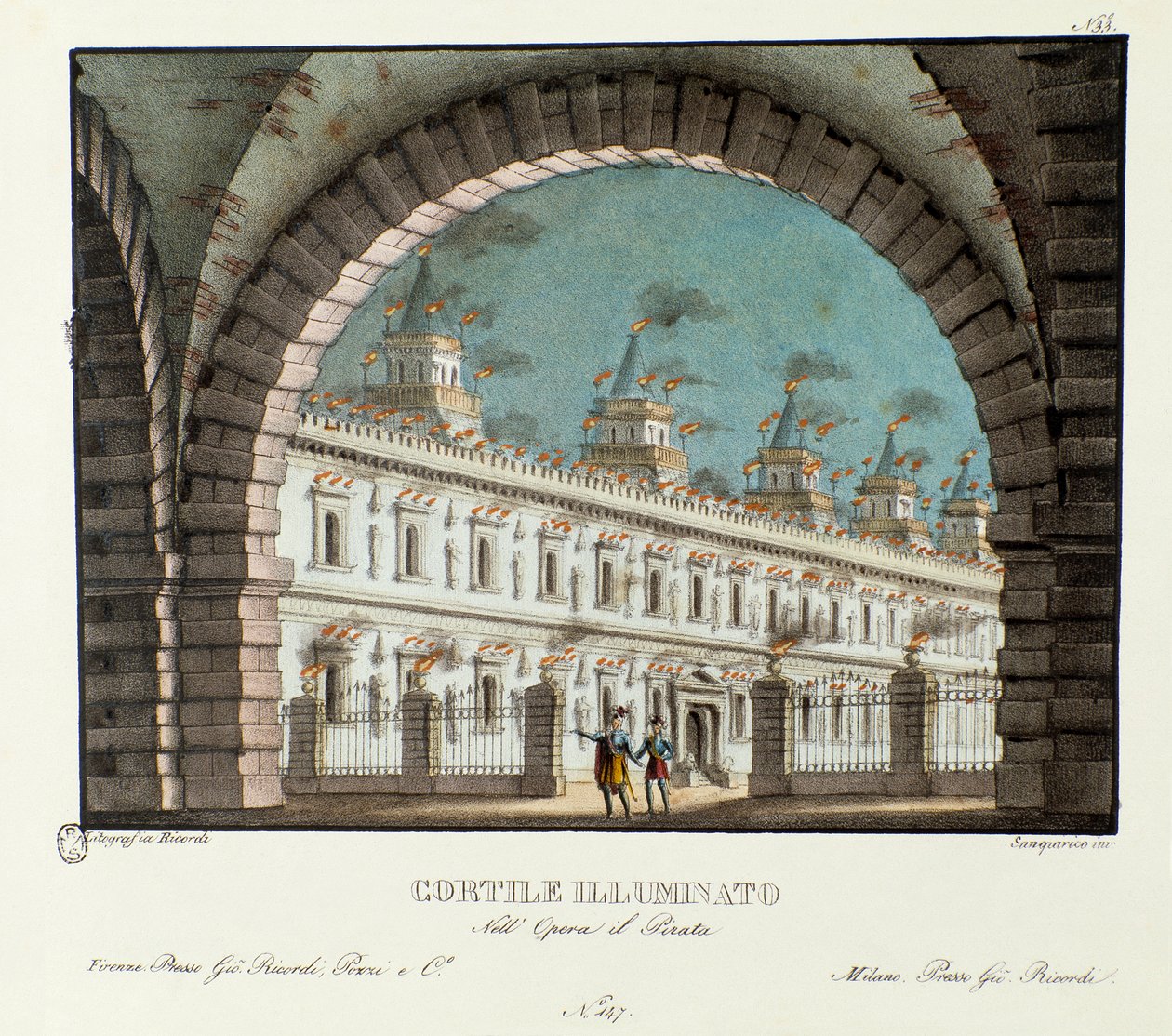 View of the large illuminated courtyard for the opera Il pirata by Alessandro Sanquirico