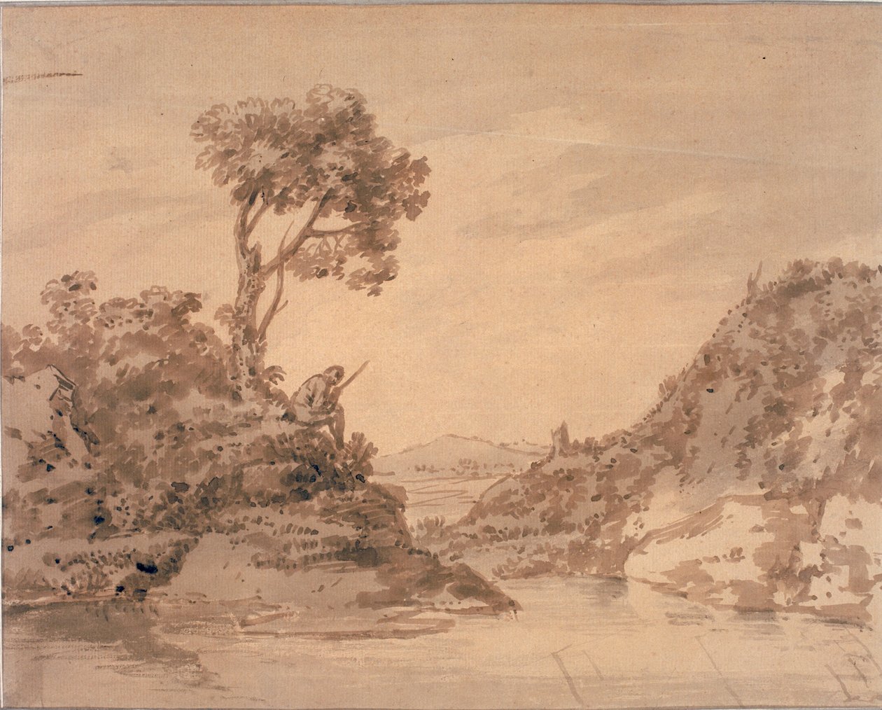 Landscape with Figure on the Bank of a Pool by Alexander Cozens