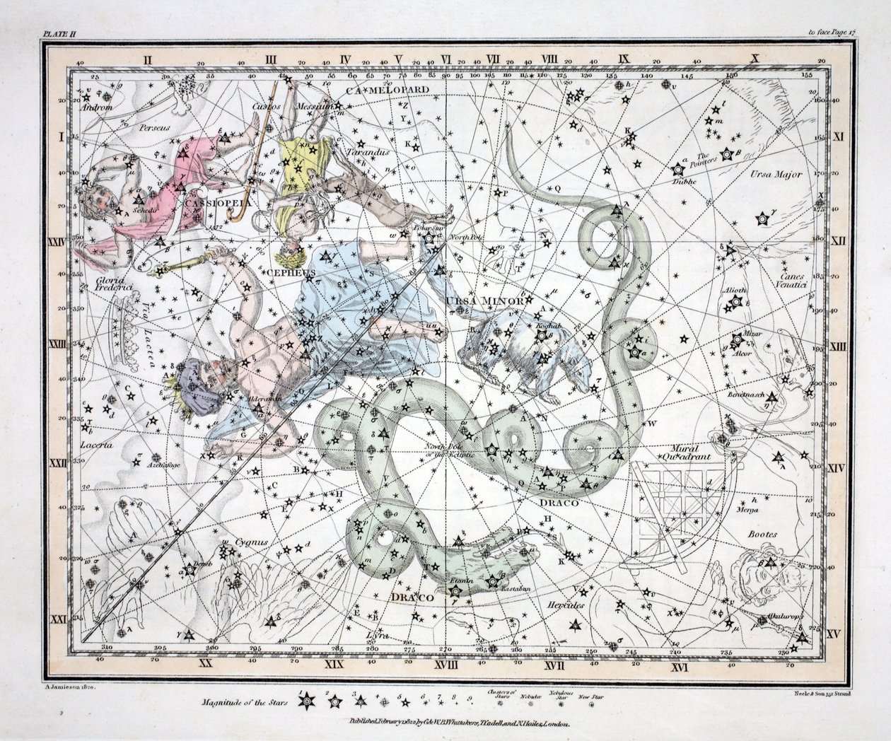 The Constellations (Plate II) Ursa Minor, Cassiopeia, Tarandus, Cepheus, Draco, Custos Messium by Alexander Jamieson