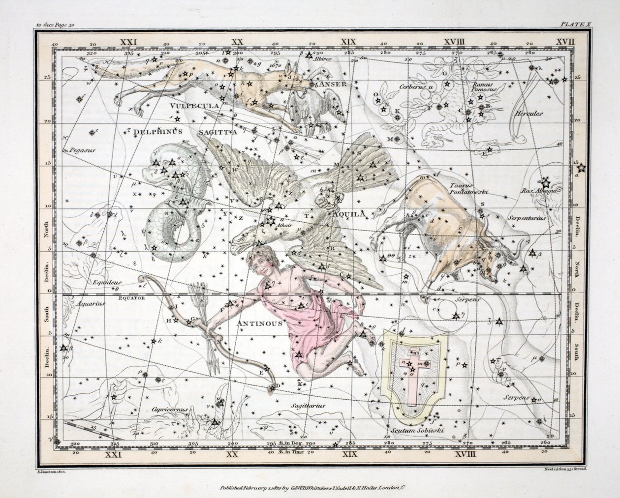The Constellations (Plate X) Aquila et Antinous, Scutum Sobieski, Taurus Poniatowski, Sagitta, Valpecula et Anser, and Delphinus, from 