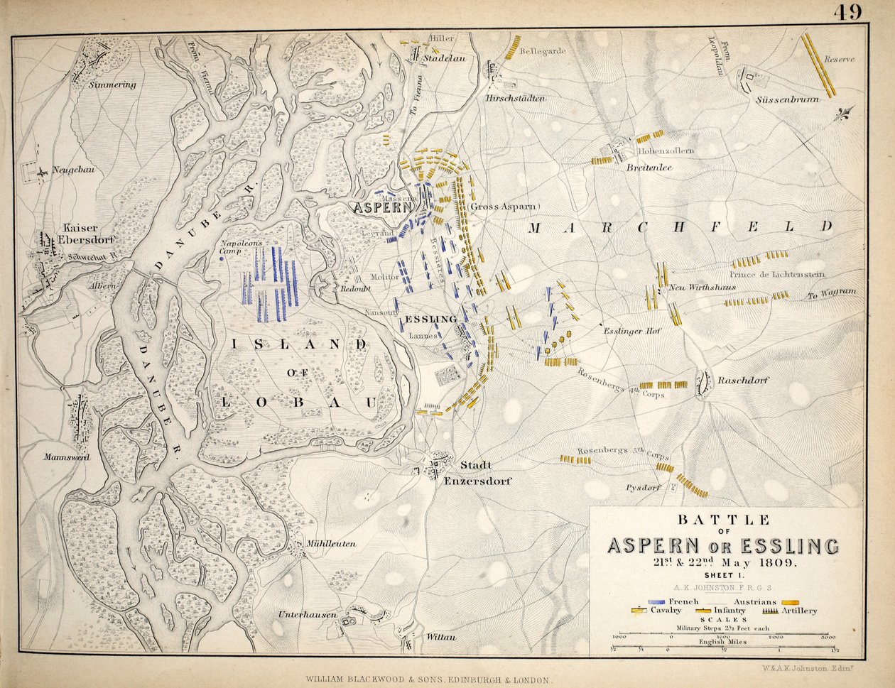 Map of the Battle of Aspern or Essling, published by William Blackwood and Sons, Edinburgh and London, 1848 by Alexander Keith Johnston