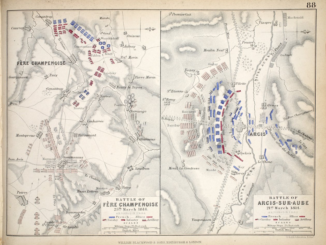 Map of the Battle of Fere Champenoise and the Battle of Arcis-Sur-Aube, published by William Blackwood and Sons, Edinburgh and London, 1848 by Alexander Keith Johnston