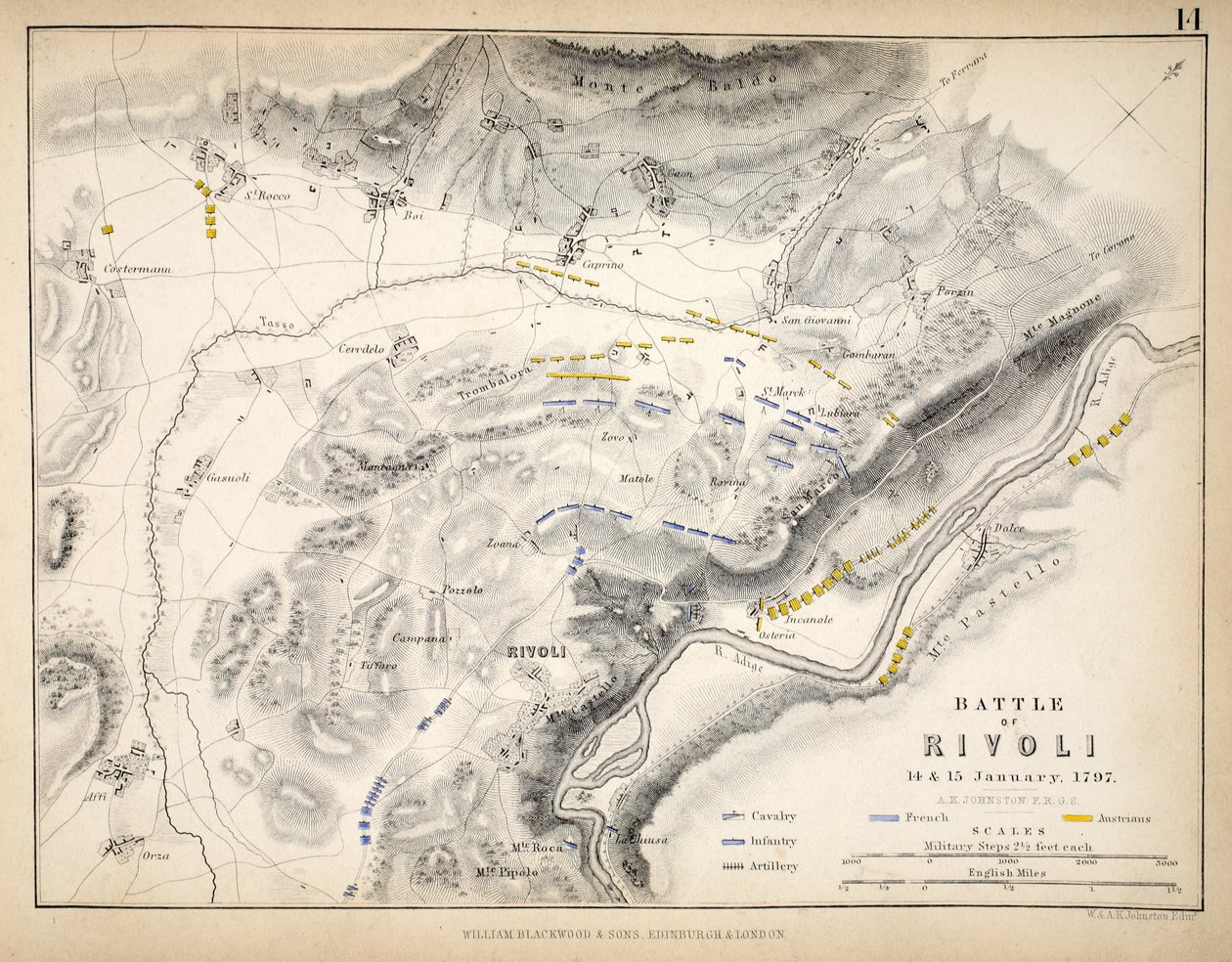 Map of the Battle of Rivoli, published by William Blackwood and Sons, Edinburgh and London by Alexander Keith Johnston