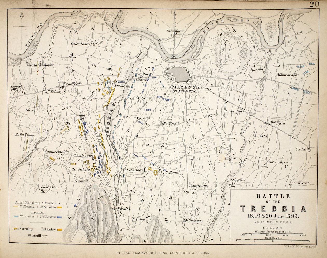 Map of the Battle of Trebbia, published by William Blackwood and Sons, Edinburgh and London, 1848 by Alexander Keith Johnston