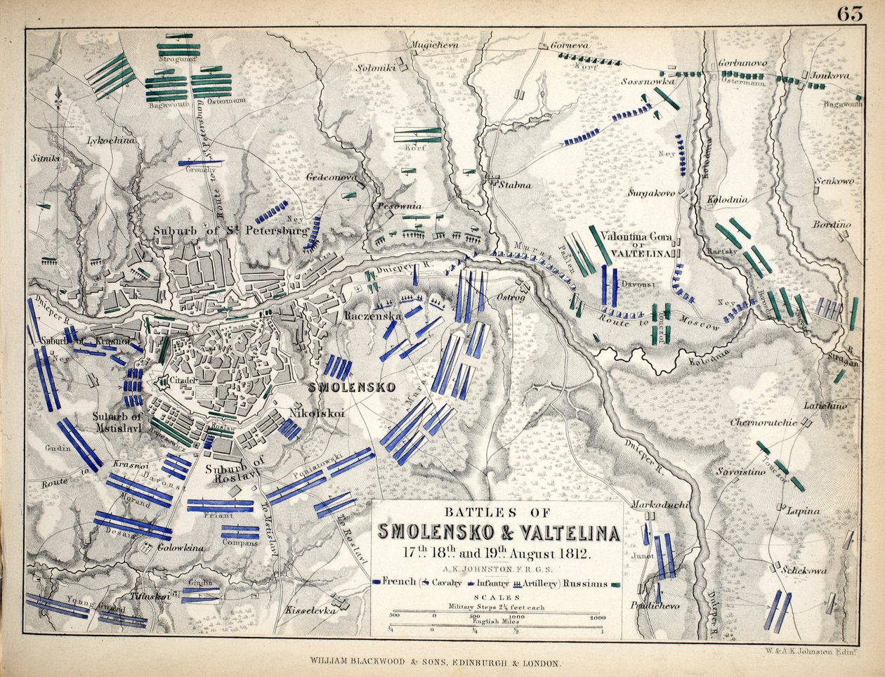 Map of the Battles of Smolensko and Valtelina, Published by William Blackwood and Sons by Alexander Keith Johnston