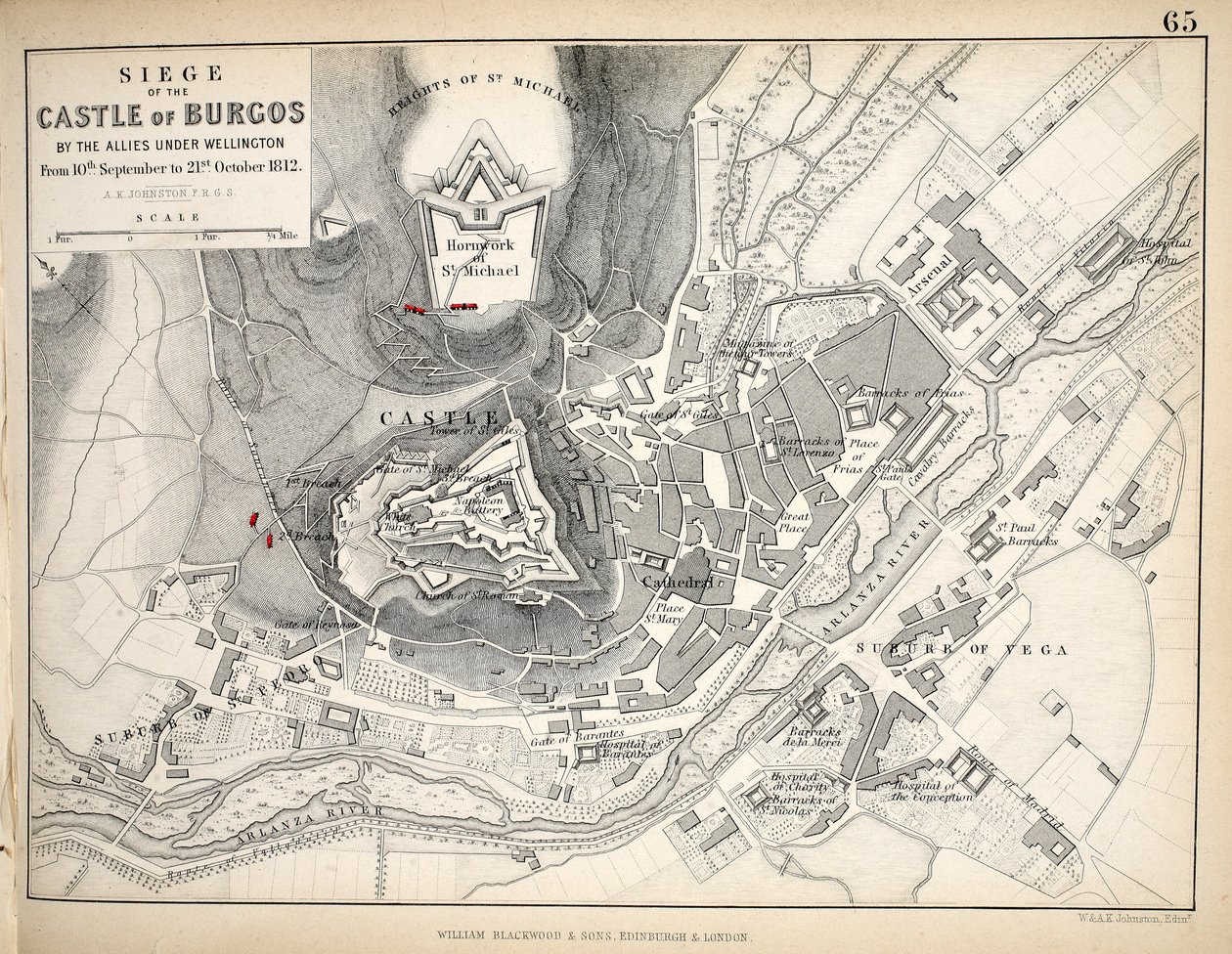 Map of the Siege of the Castle of Burgos, Published by William Blackwood and Sons, Edinburgh and London by Alexander Keith Johnston