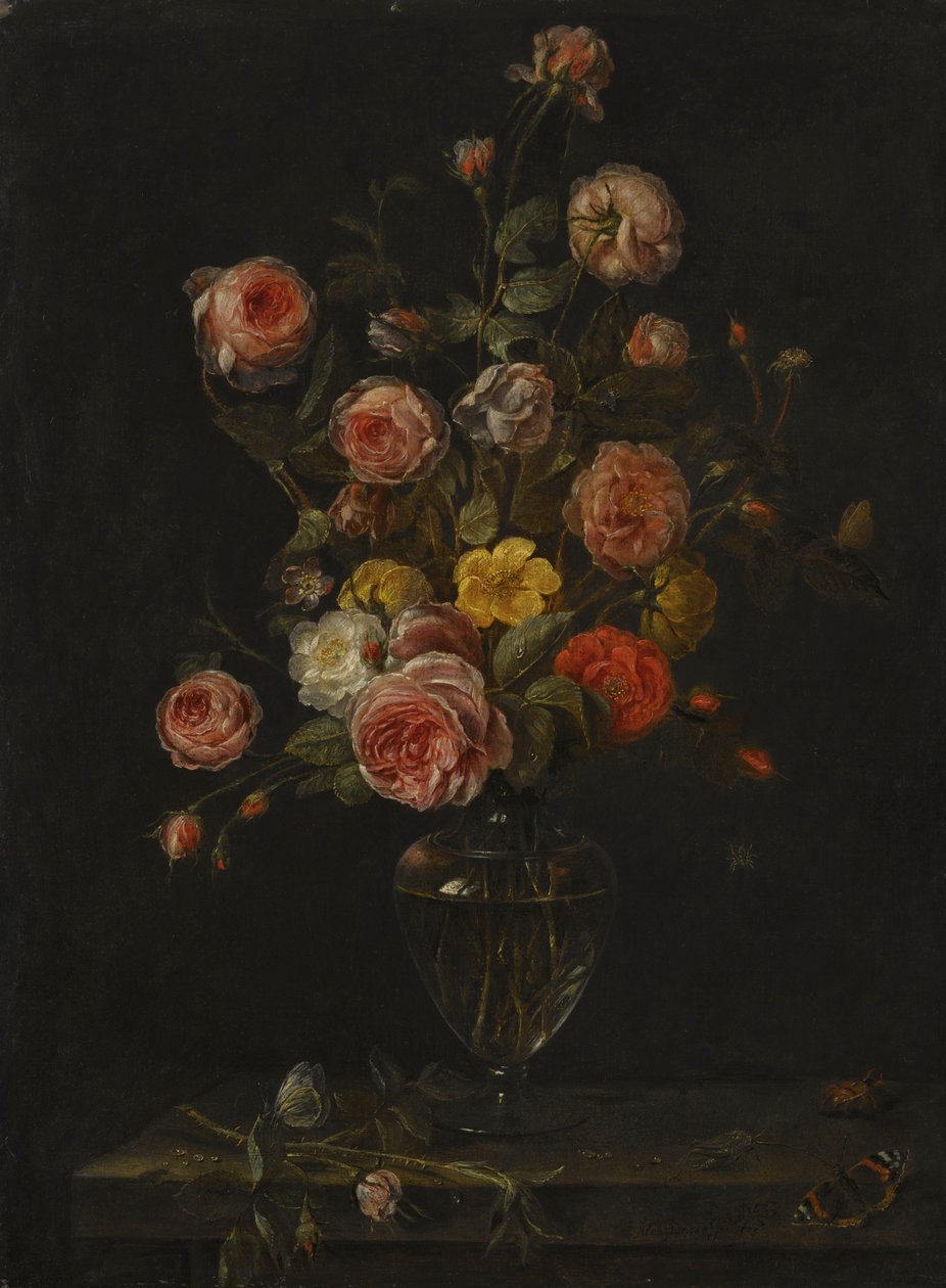 A Still Life with Red, White and Pink Roses in a Glass Vase over a Stone Ledge with Butterflies, a Grasshopper and a Beetle by Alexander Adriaenssen