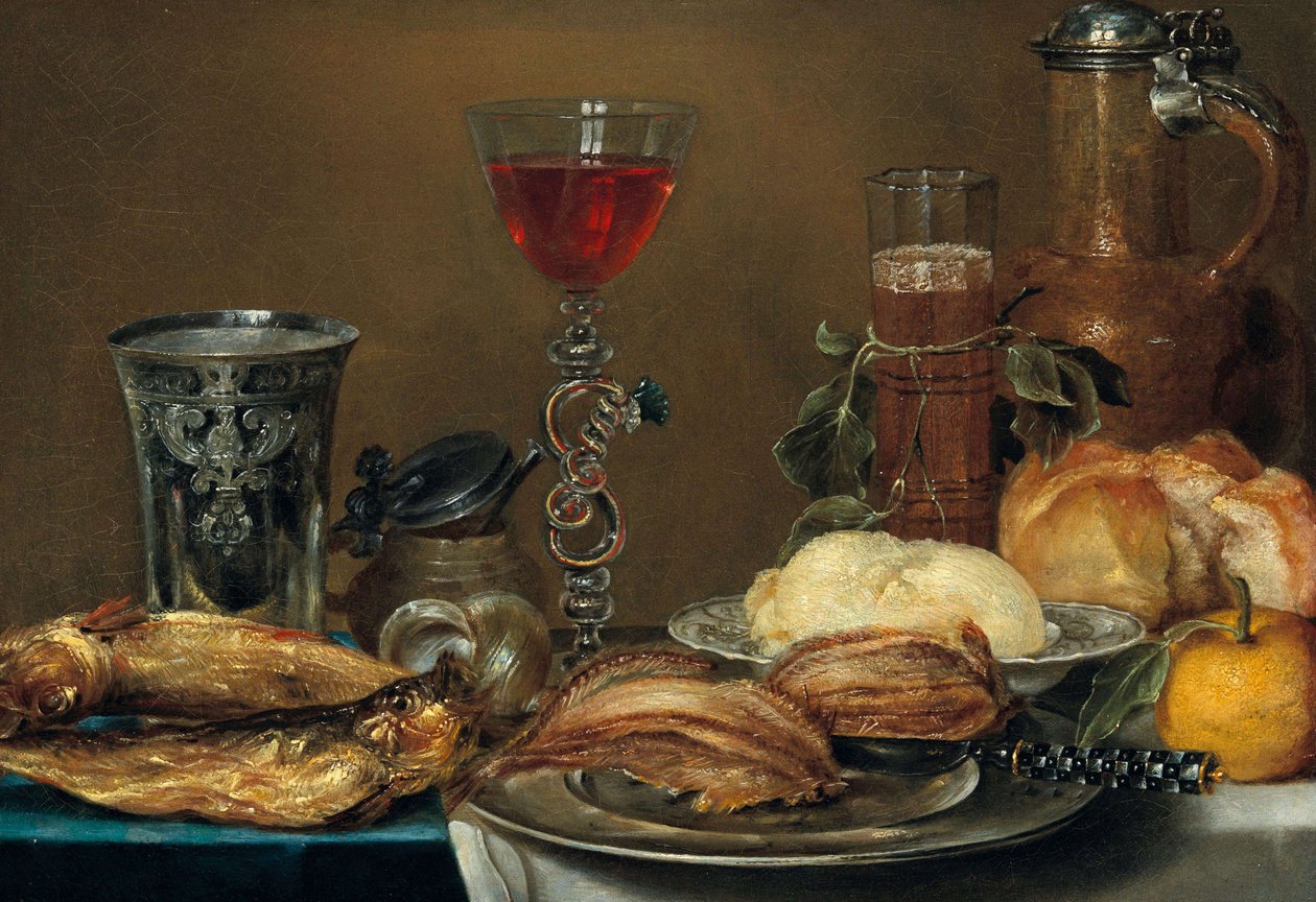 Breakfast Still Life with Fish, Bread, Butter and a Lemon in Front of a Ewer, Glasses and a Silver Beaker by Alexander Adriaenssen