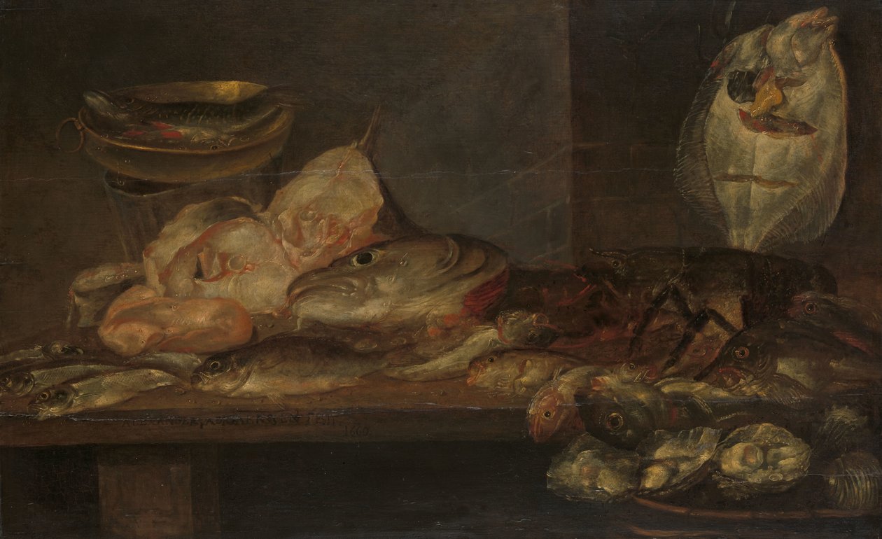 Still Life with Fish, Lobster, and Oysters on a Table by Alexander Adriaenssen