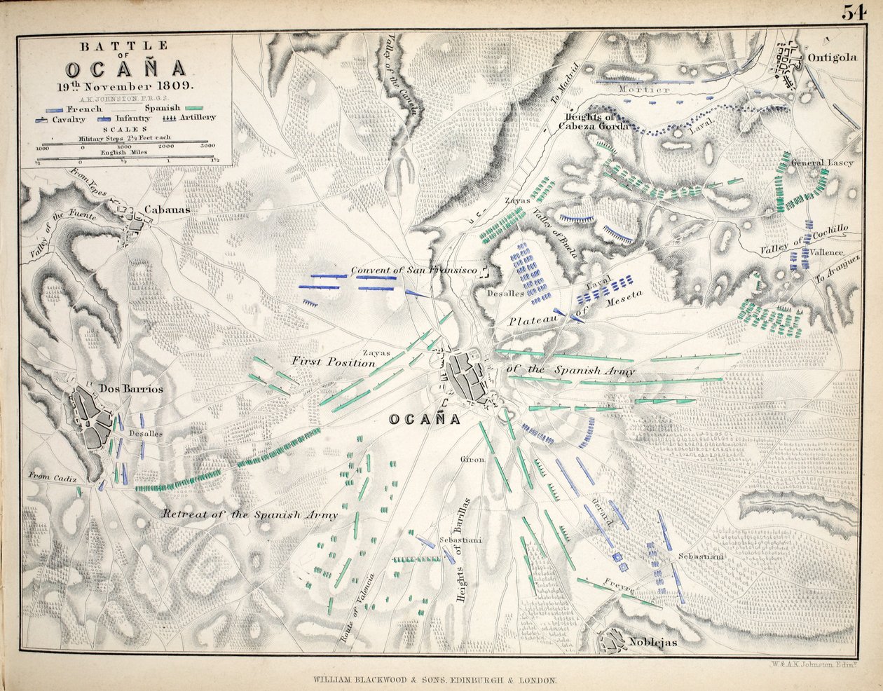 Map of the Battle of Ocana, published by William Blackwood and Sons, Edinburgh and London, 1848 by Alexander Keith Johnston