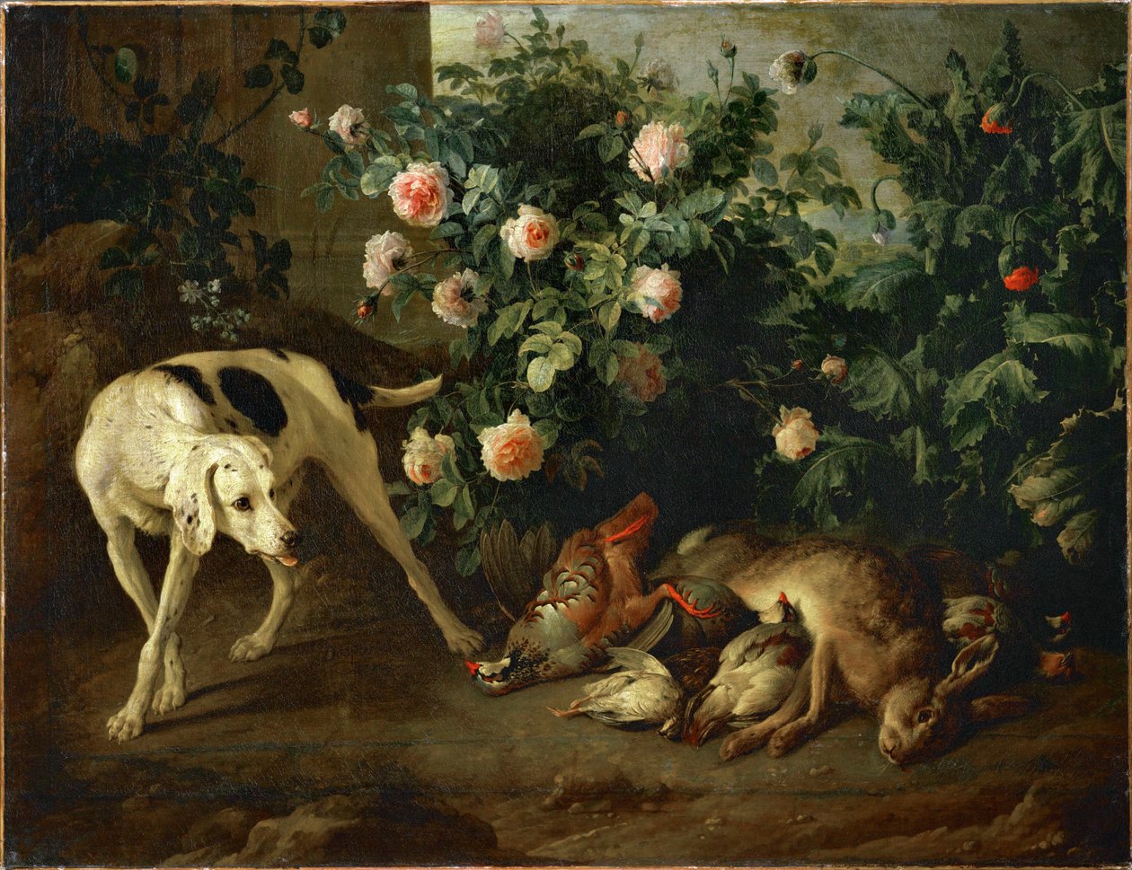 Dog guarding game near a rose bush by Alexandre Francois Desportes