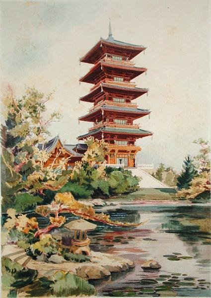 Japanese Tower in the Royal Park at Laeken, Belgium, from Orientalisme et Architecture Contemporaine, engraved by Jules Adolphe Chauvet (b.1828) by Alexandre Auguste Louis Marcel