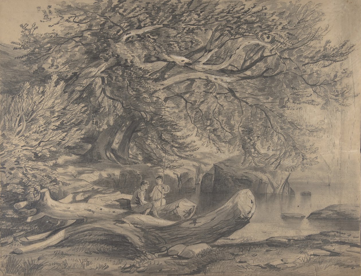 Two Men Resting by a Lake, early to mid-19th century by Alexandre Calame