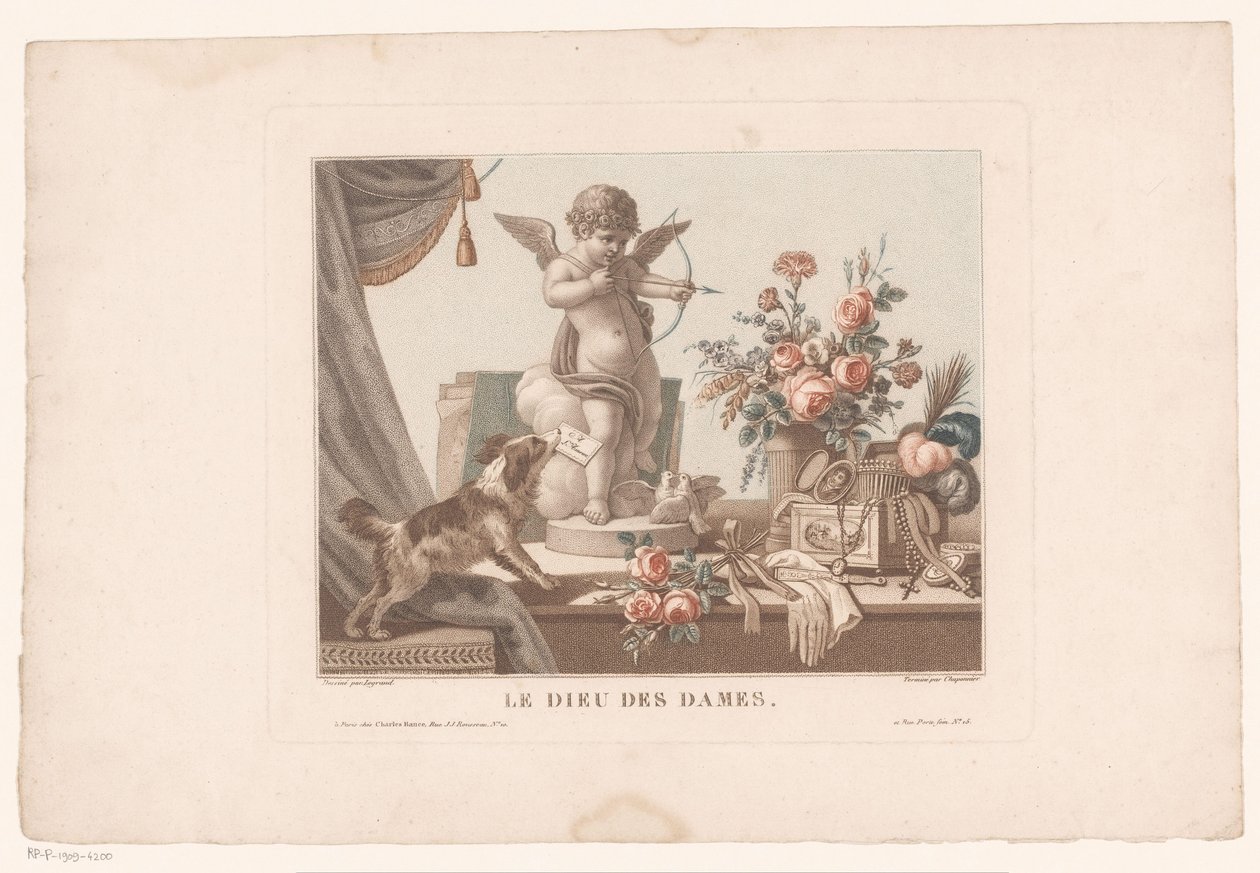 Still Life on a Table with a Dog and a Statue of Cupid (Le Dieu des dames) by Alexandre Chaponnier