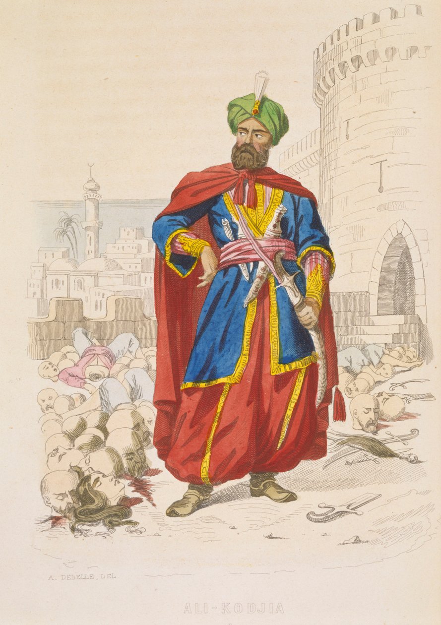 Ali Khoja, ruler of Algiers 1816-1818, resplendent in a green turban and wearing a fine sword, is surrounded by the severed heads of vanquished enemies after the bombardment of 1816 by Alexandre Debelle
