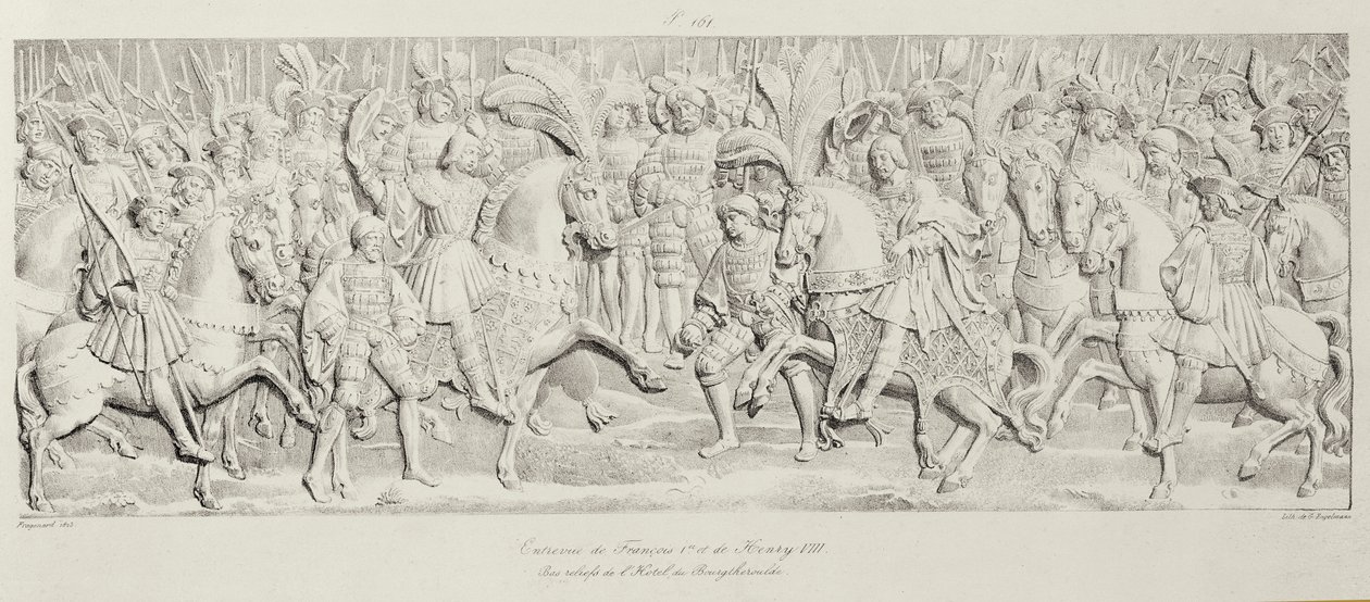 Meeting of Francois I and Henry VIII at the Field of the Cloth of Gold, after the carved stone relief in the Hotel de Bourgtheroulde, Rouen, Normandy, 1501-37, engraved by Godefroy Engelmann by Alexandre Evariste Fragonard
