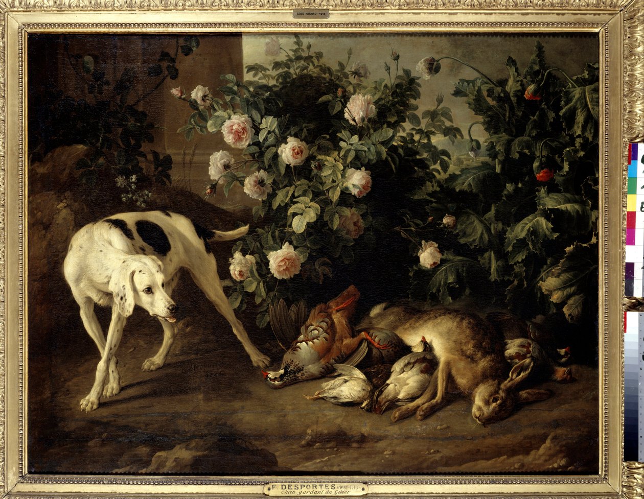Dog keeping game near a bush of roses by Alexandre Francois Desportes