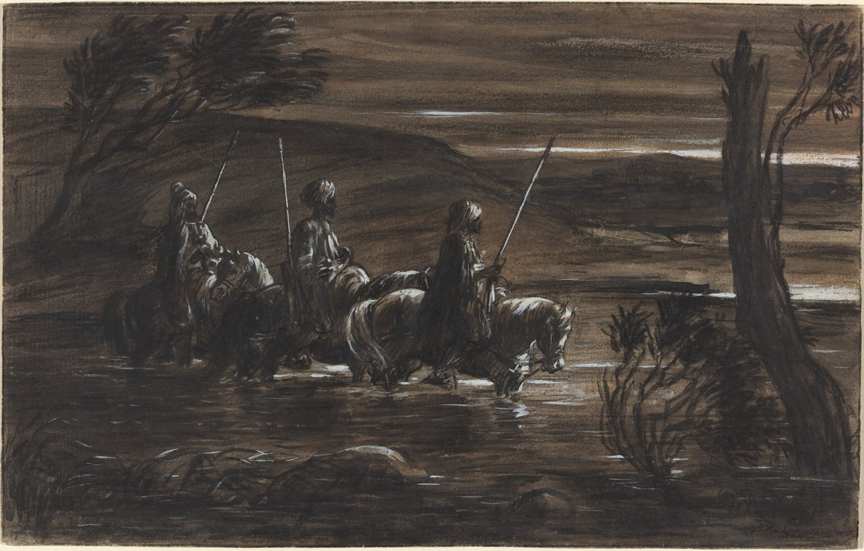 Three Arab Horsemen Crossing a River by Alexandre Gabriel Decamps