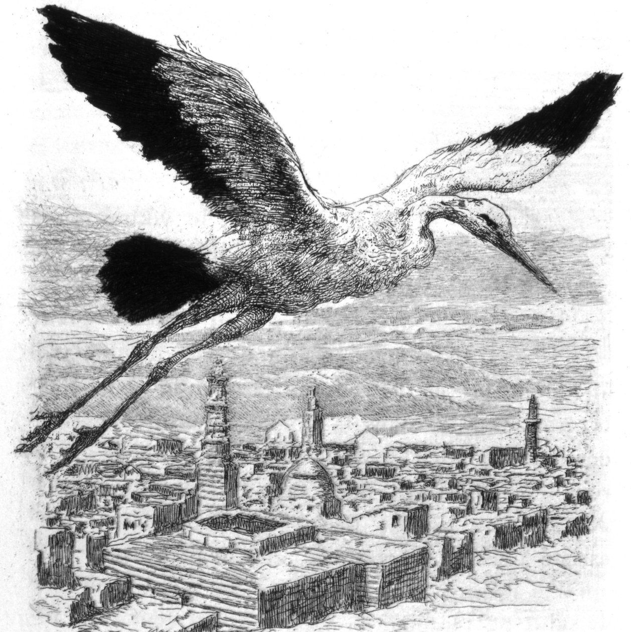 A stork flying over a North African village by Alexandre Lunois