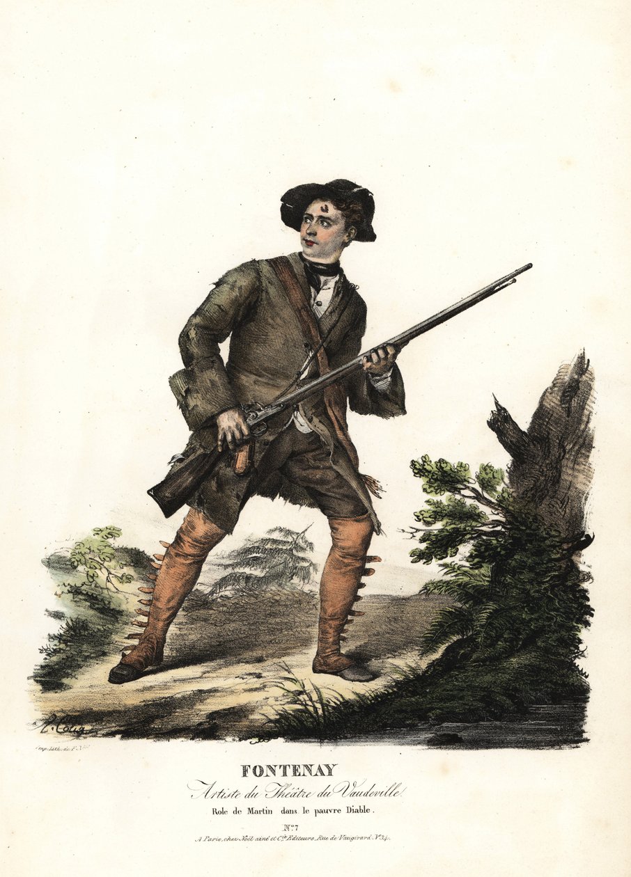 Jean-Baptiste Fontenay and Martin in Le Poor Diable by Balisson and Dumersan, Theatre du Vaudeville. Handcoloured lithograph by F. Noel after an illustration by Alexandre-Marie Colin from portraits of actresses in different roles by Alexandre Marie Colin