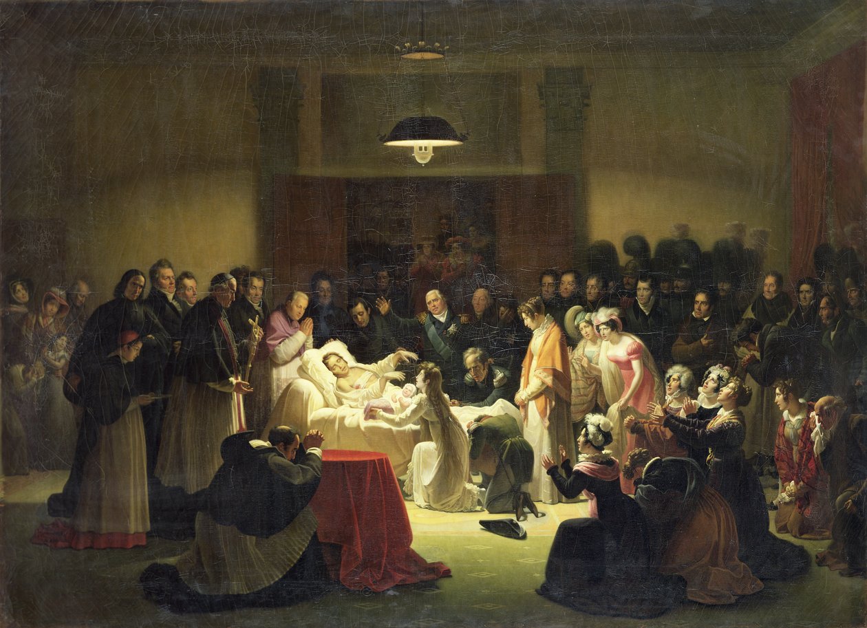 The Last Moments of Charles-Ferdinand of France (1778-1820) in the Administration Room of the Paris Opera House, 14th February 1820, c.1828 by Alexandre Menjaud