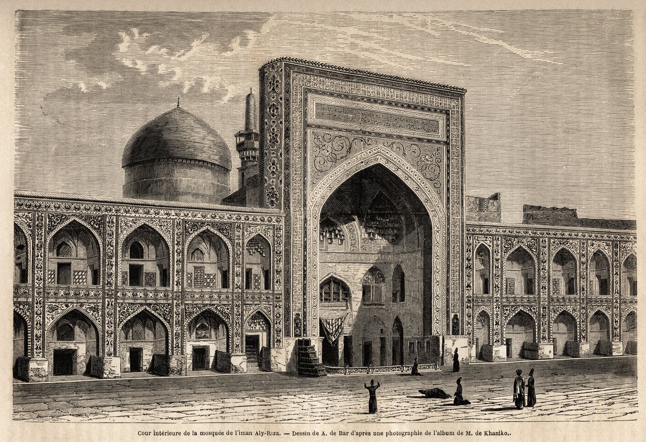 Internal courtyard of the mosque of Imam Aly Riza a Mashhad, drawing by A. de Bar, to illustrate the journey to Khorasan (Khorasan, Chorasan or Khurasan) in 1858, by N. de Khanikof. Engraving in “Le tour du monde” 1861. Selva