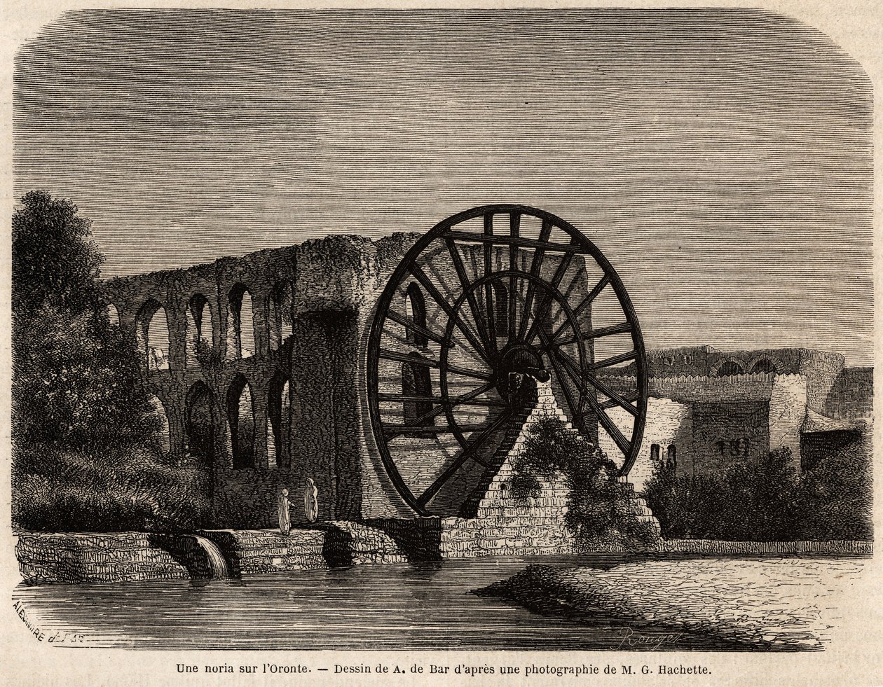 La noria (hydraulic machine for raising the water level using the energy produced by the current) on the Oronte River, a river in the Middle East that crosses Syria to the Mediterranean Sea, drawing by A.de Bar, to illustrate the mission of Ernest Renan by Alexandre de (after) Bar