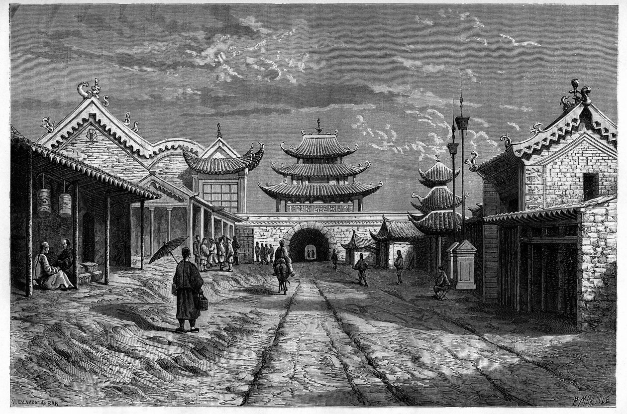 View from a Street at Youn Tchen Sian, China by Alexandre de (after) Bar