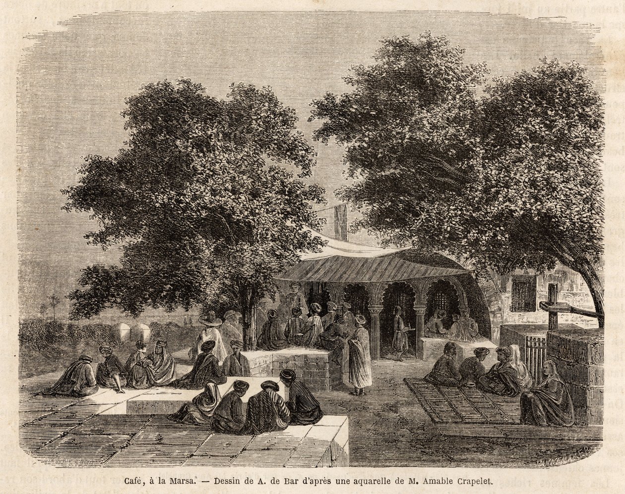 View of a cafe in La Marsa (Tunis), drawing by A.de Bar, to illustrate a trip to Tunis, in 1859, by Amable Crapelet. Engraving in “Le tour du monde”, edited by Edouard Charton by Alexandre de (after) Bar
