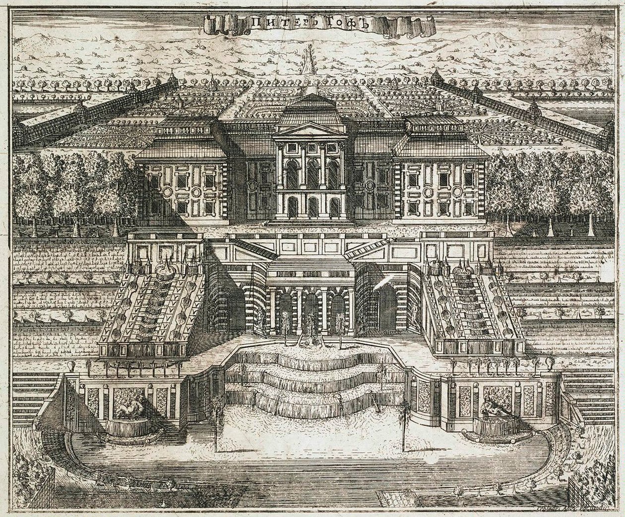 View of the Great Palace in Peterhof, 1717 by Alexei Ivanovich Rostovtsev