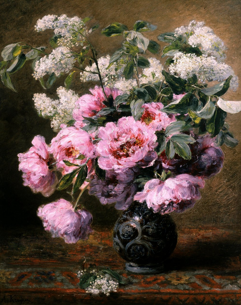 Still Life of Summer Flowers with Peonies and Lilacs. Painting by Alexis Kreyder. Private Collection. by Alexis Kreyder