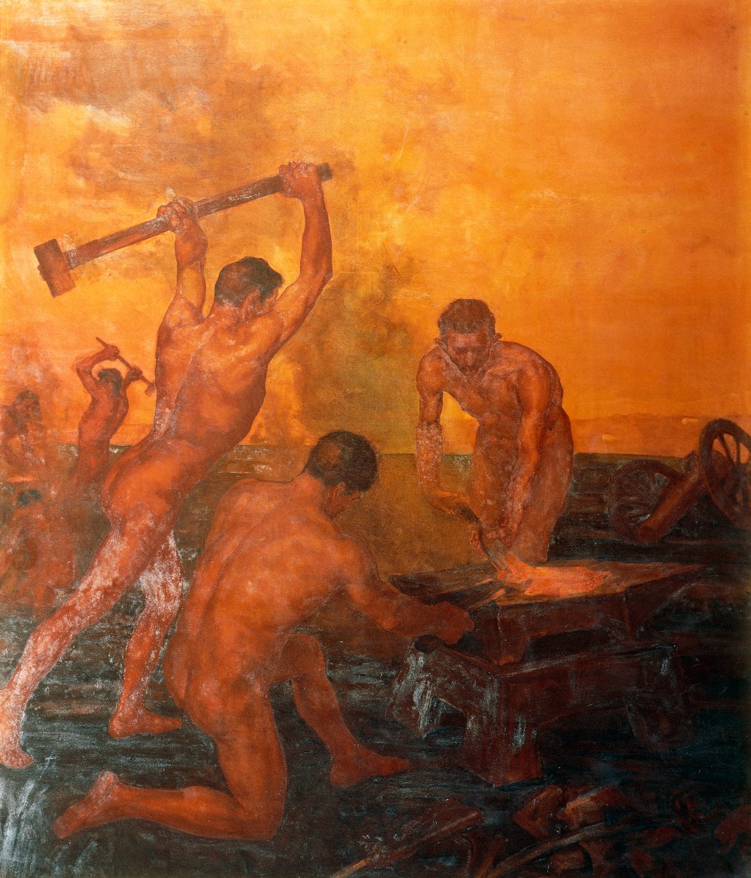 The Forge, Left Panel of Railwaymen Triptych by Alfonso Quarantelli