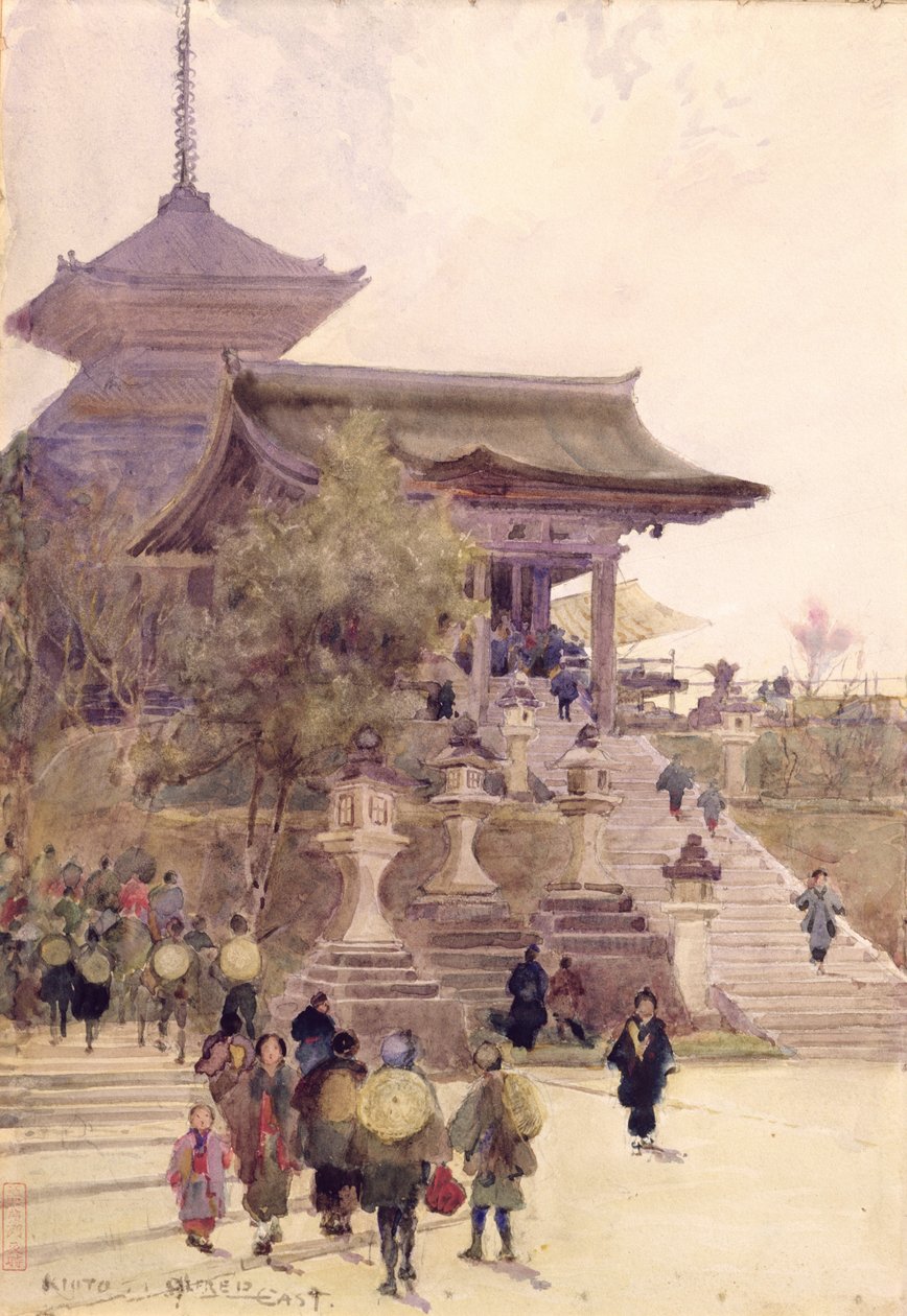 The Entrance to the Temple of Kiyomizu-Dera, Kyoto, with Pilgrims ascending by Alfred East