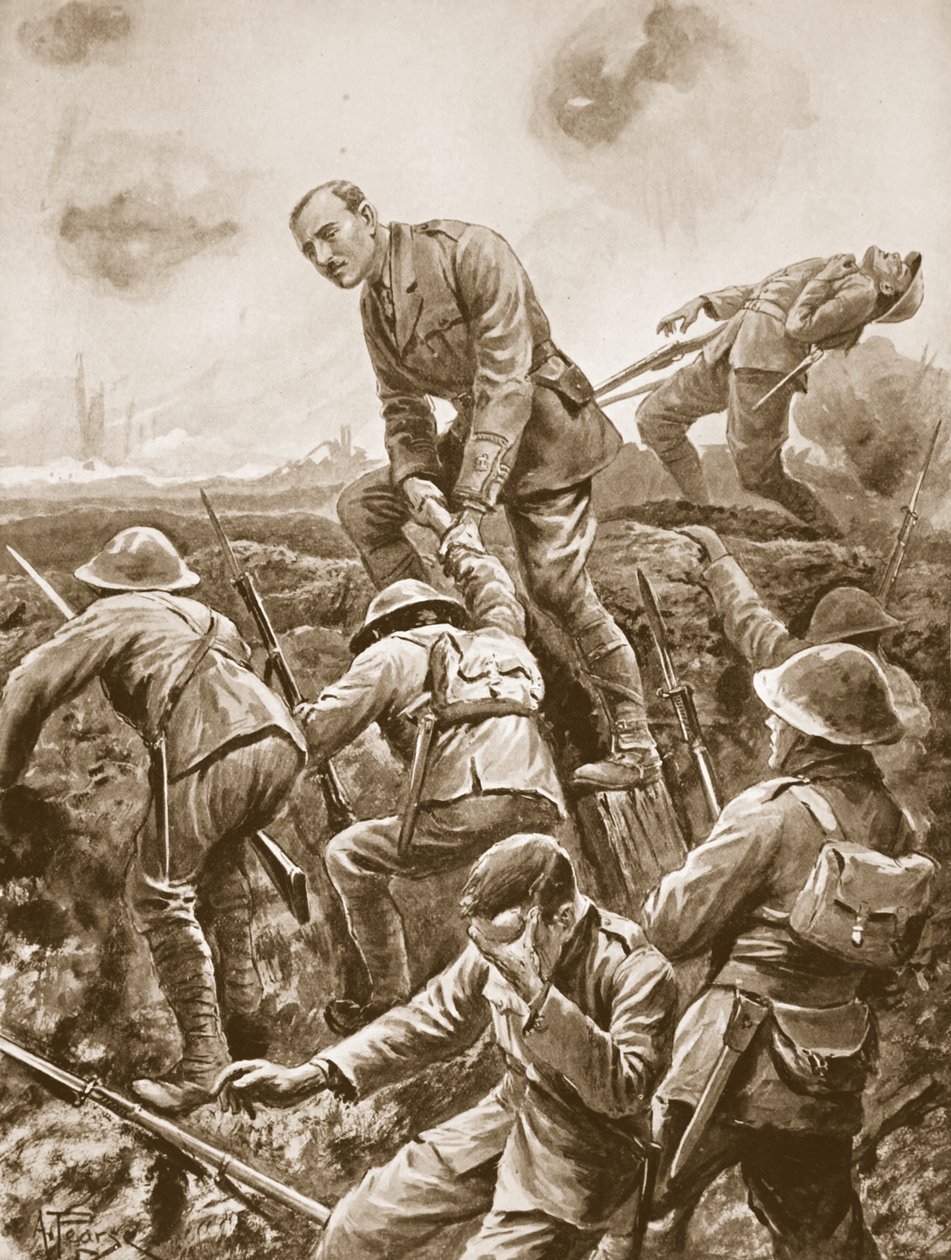 Temporary Major S.W. Loudoun-Shand helping men over the parapet while exposed to very fierce machine-gun fire by Alfred Pearse