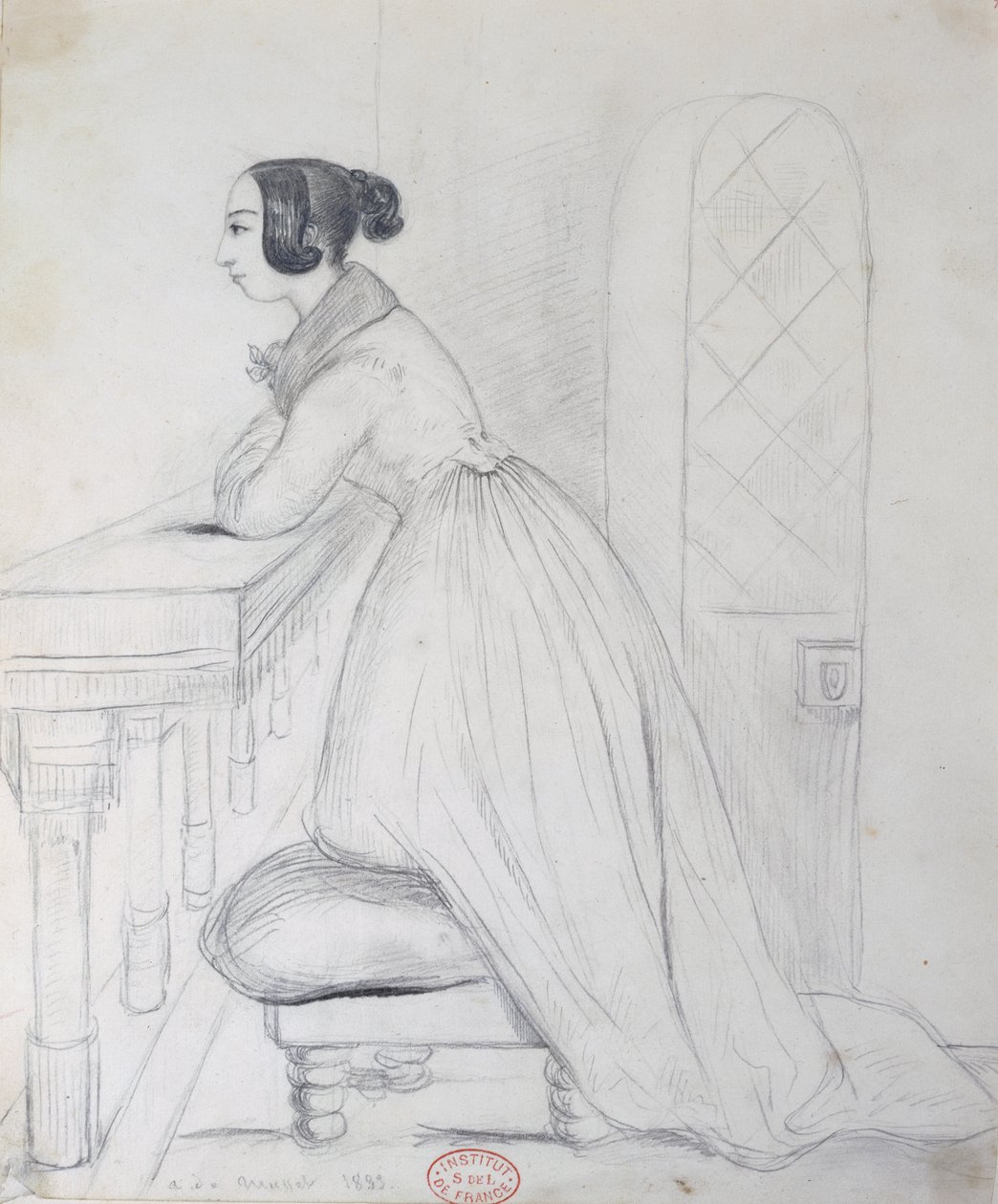 George Sand kneeling on a pouffe and with her elbows on a balustrade by Alfred de Musset