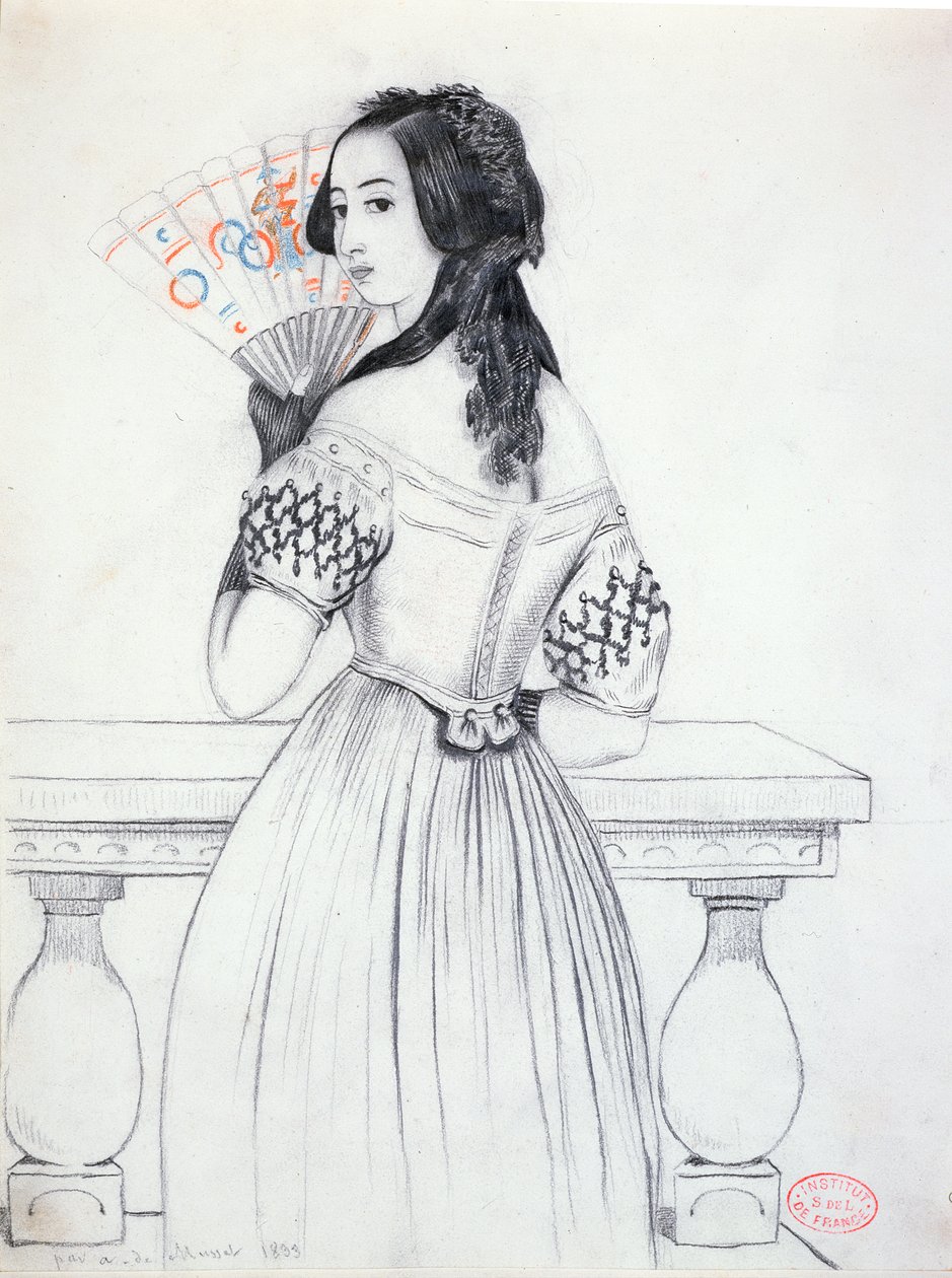 George Sand (1804-76) with a fan, 1833 by Alfred de Musset