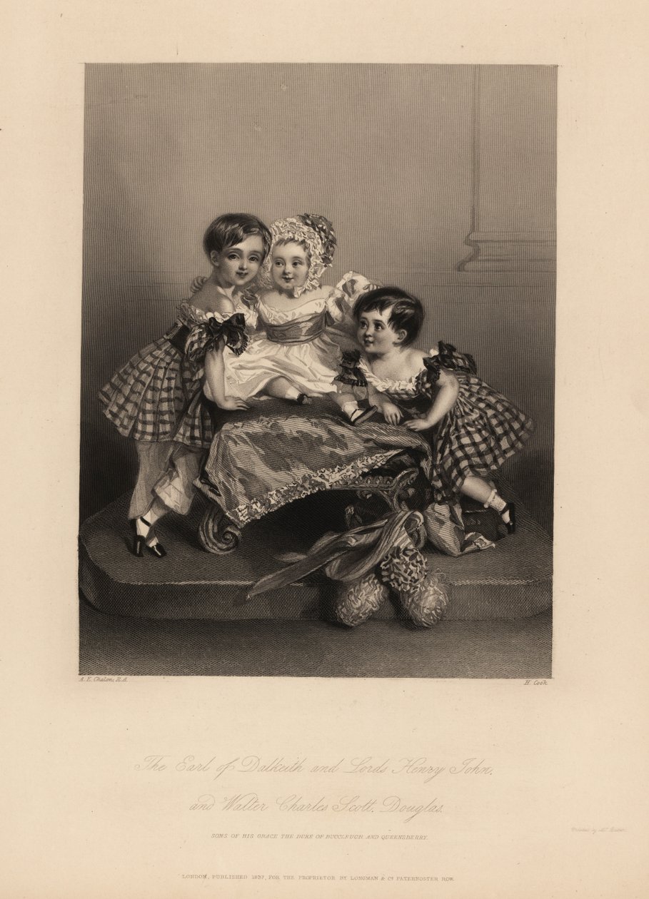 Earl of Dalkeith (William Henry), Henry John and Walter Charles Scott Douglas, son of the 5th Duke of Buccleuch, 7th Duke of Queensberry. Two sons wear tartan dresses with ribbons, with the youngest in a bonnet and satin dress. by Alfred Edward (after) Chalon