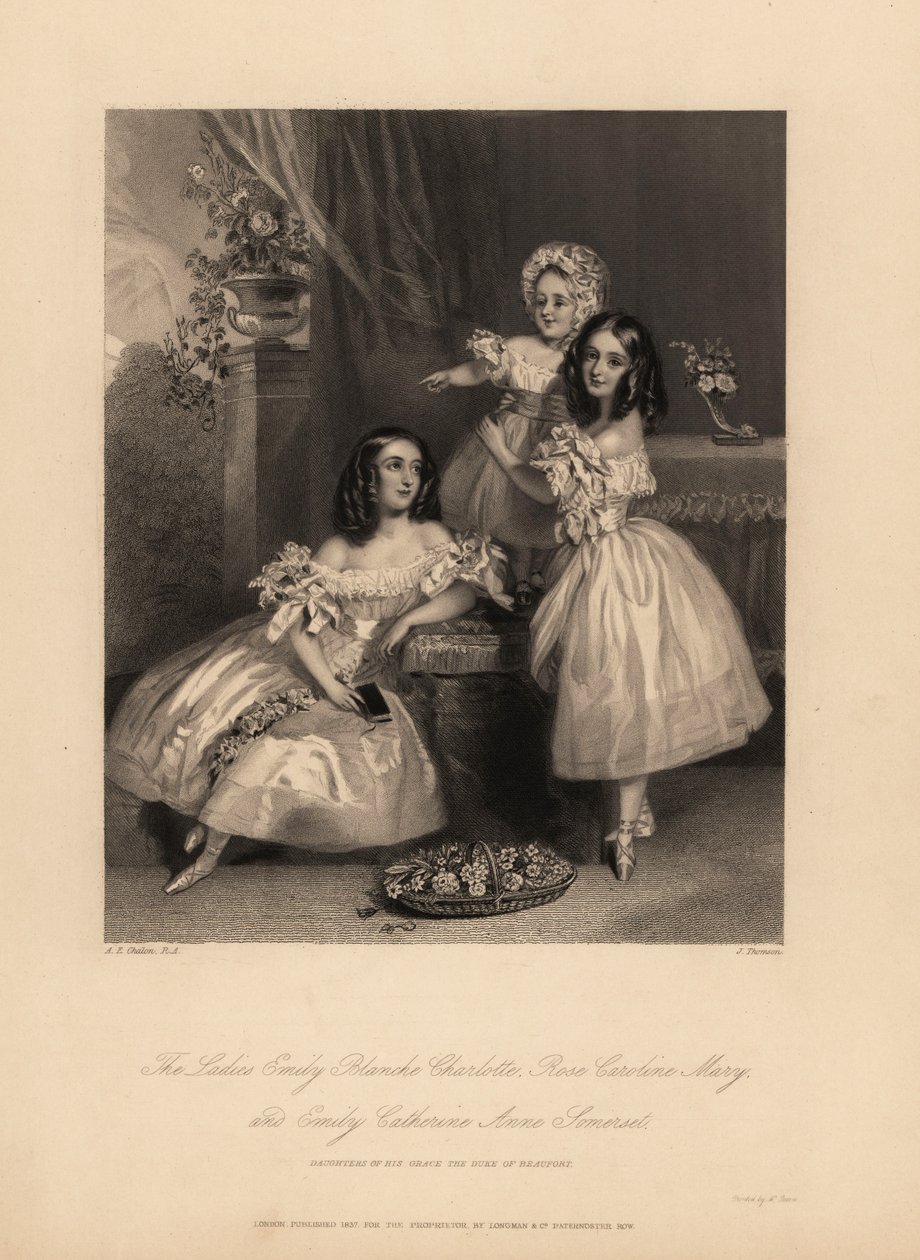 Portrait of Emily Blanche Charlotte, Rose Caroline and Emily Catherine Anne Somerset, daughters of Henry Somerset, 7th Duke of Beaufort by Alfred Edward (after) Chalon