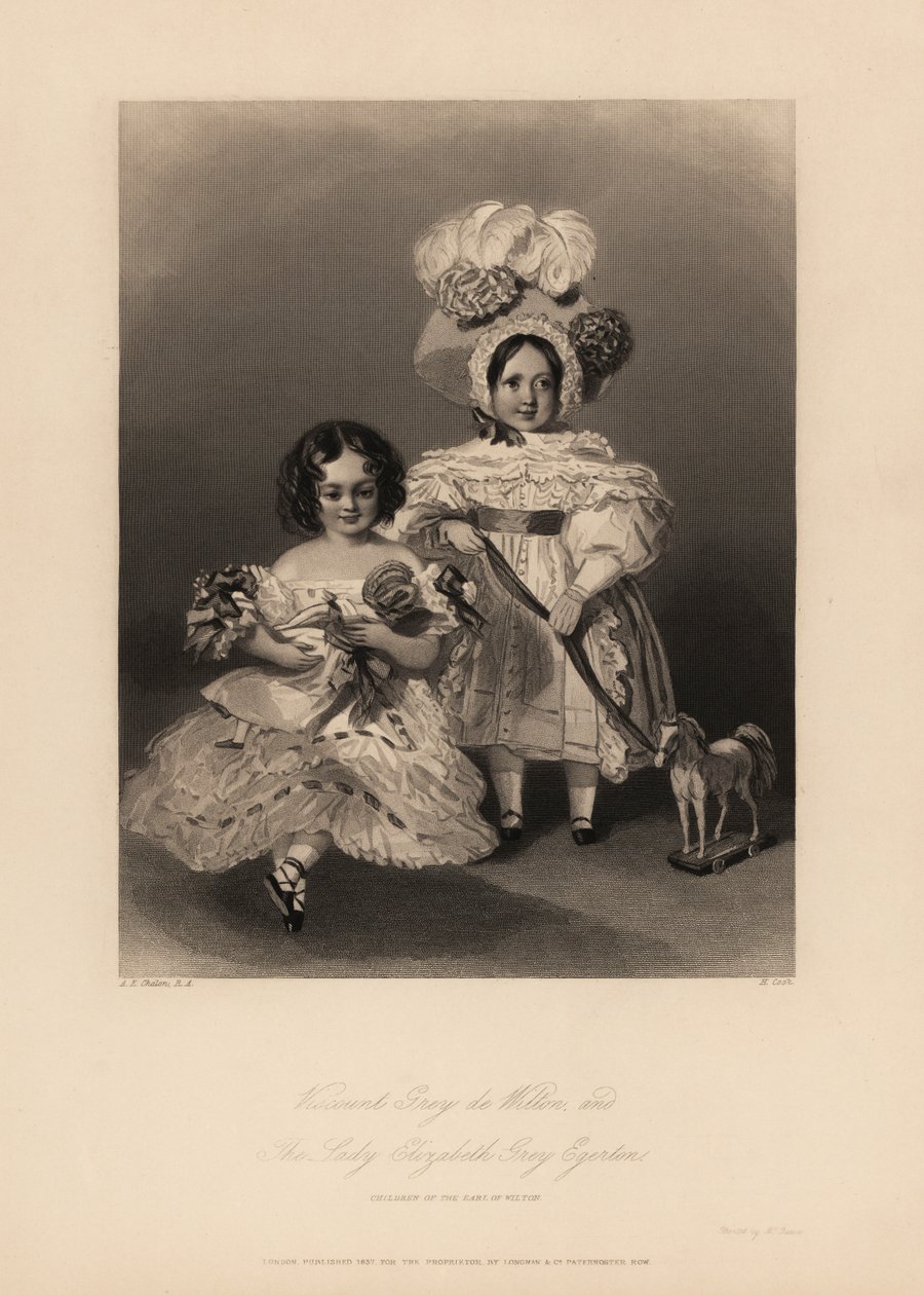 Viscount Grey de Wilton and Elizabeth Grey Egerton, children of Thomas Egerton, 2nd Earl of Wilton. Daughter in ringlets and frilly dress holding a doll, and son in dress and feather bonnet holding a ribbon tied to a toy horse. by Alfred Edward (after) Chalon