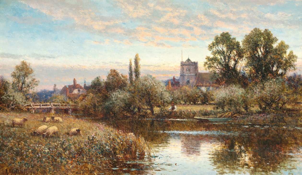 Sheep Grazing Before Wrotham Church, Twilight by Alfred Augustus Glendening